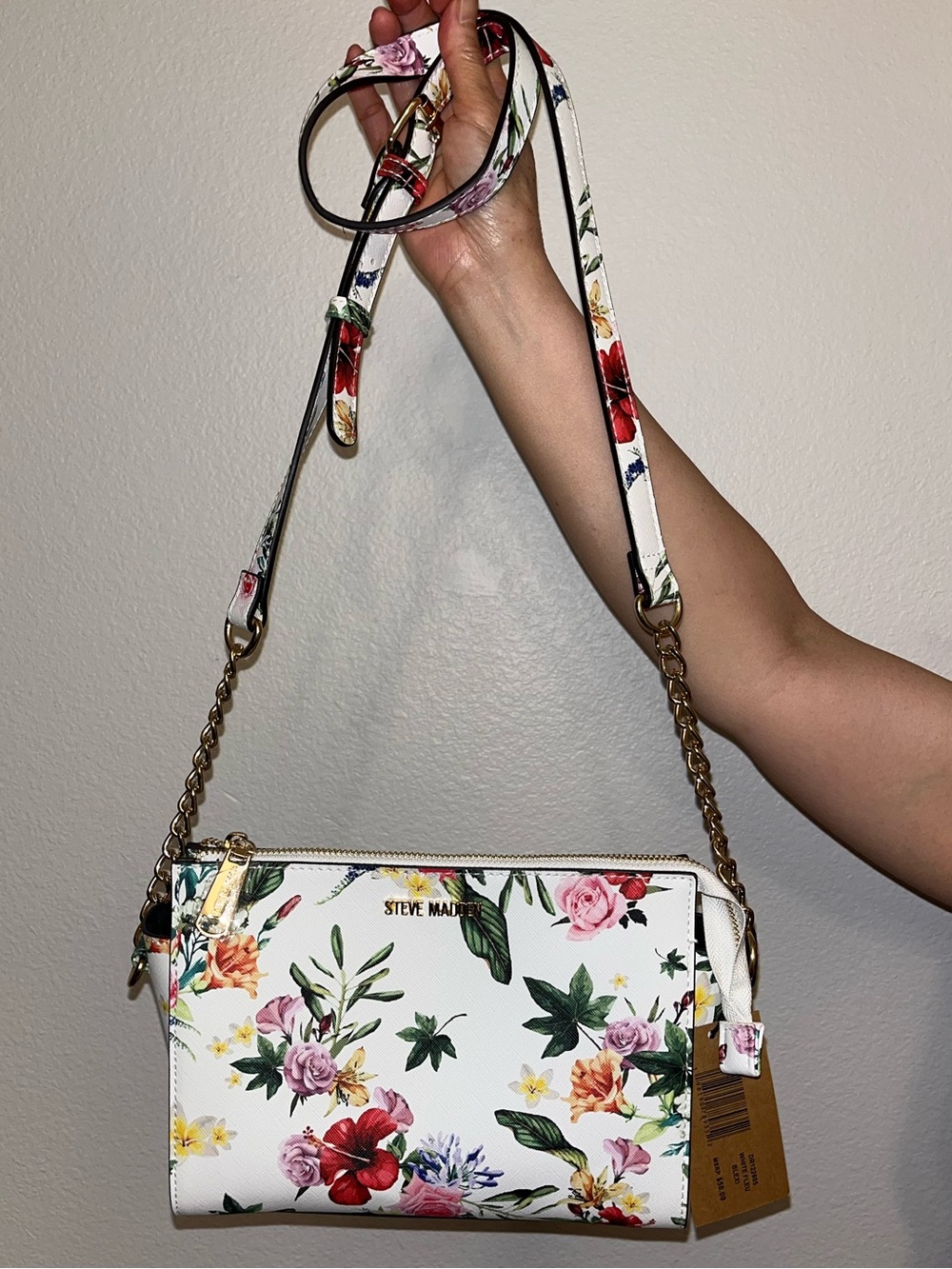 Steve Madden White Floral Crossbody with Gold Chain Trim